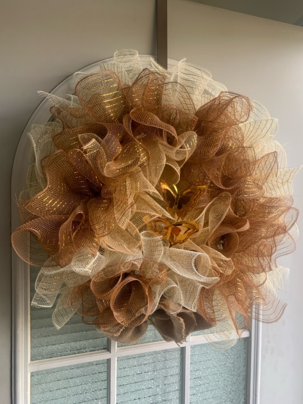 Neutral & Gold Decorative Mesh Wreath with Butterfly Accent